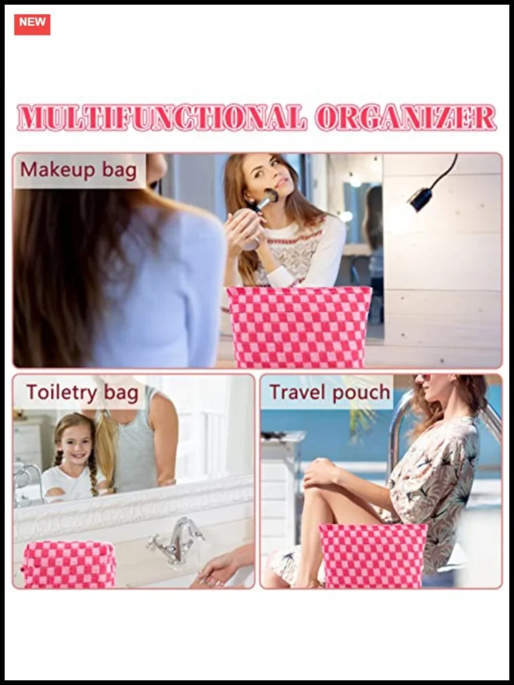 Knitted Fabric Makeup Bag Set, Checkered Toiletry Travel Bags for Women, Pencil